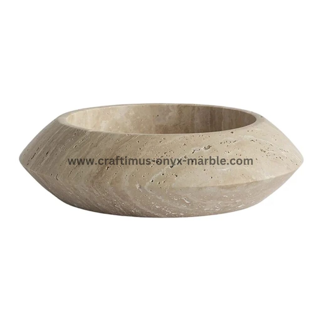 Handcrafted travertine stone bowl made in Pakistan for home decor and interior design.