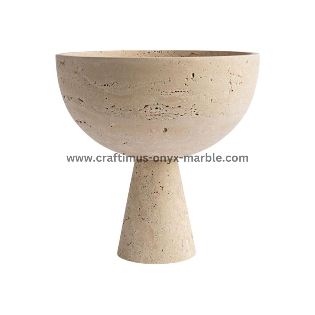 Handcrafted travertine stone bowl made in Pakistan for home decor and interior design.