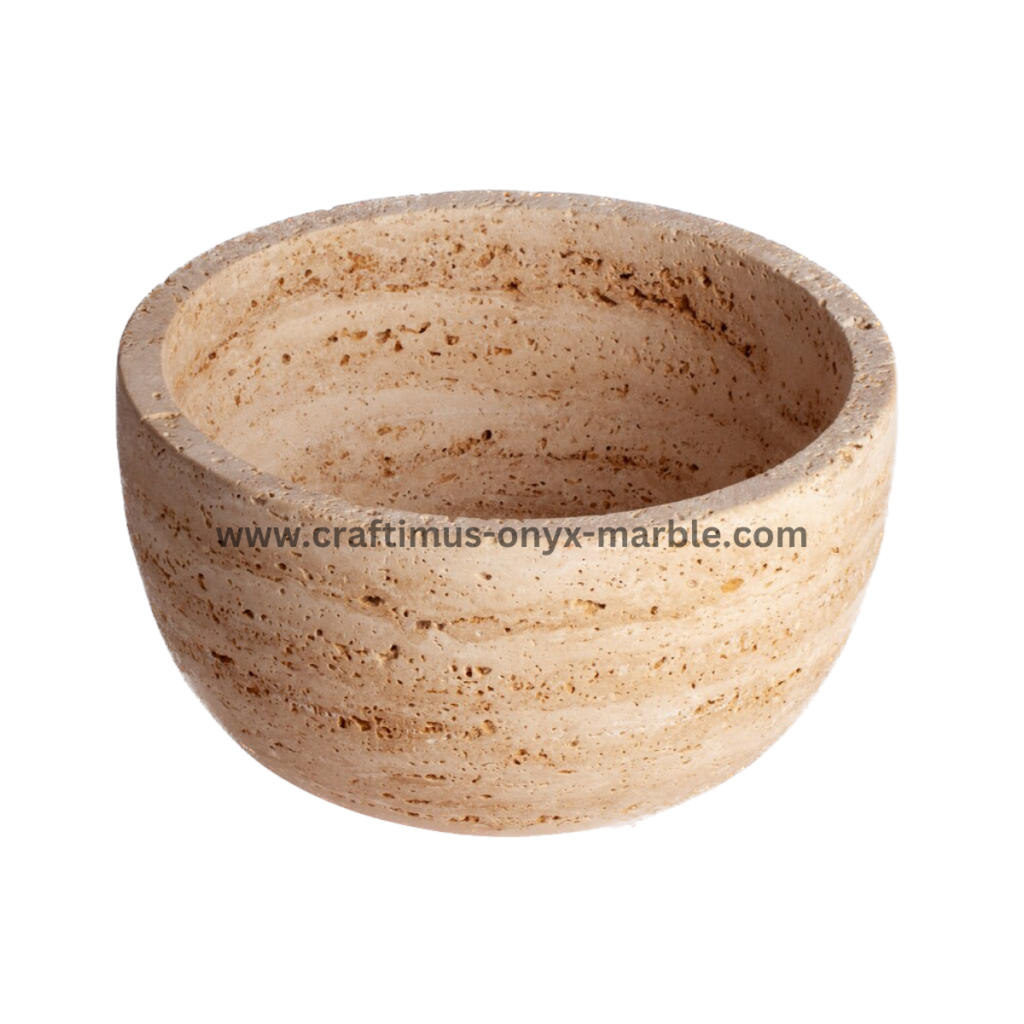 Handcrafted travertine stone bowl made in Pakistan for home decor and interior design.