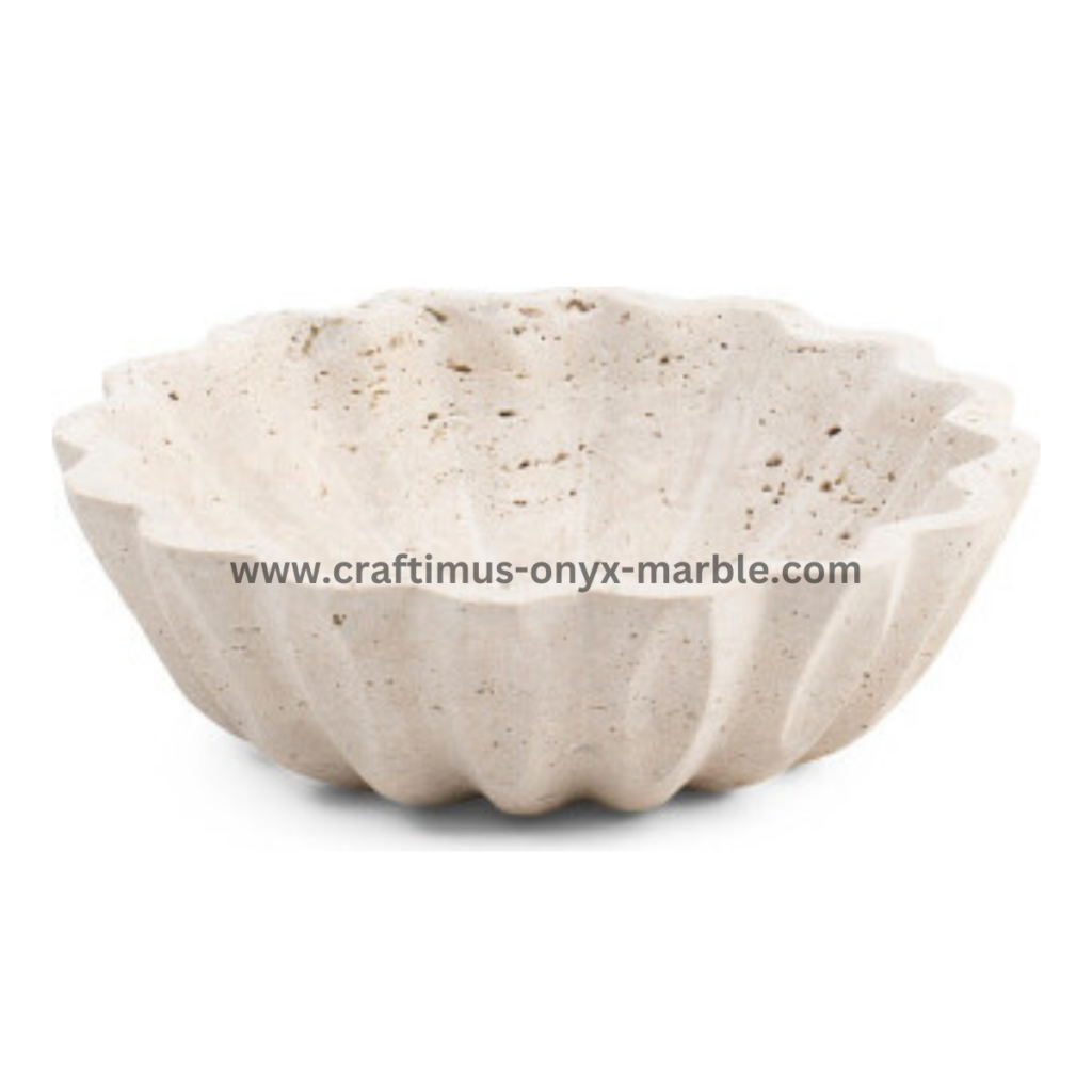 Handcrafted travertine stone bowl made in Pakistan for home decor and interior design.