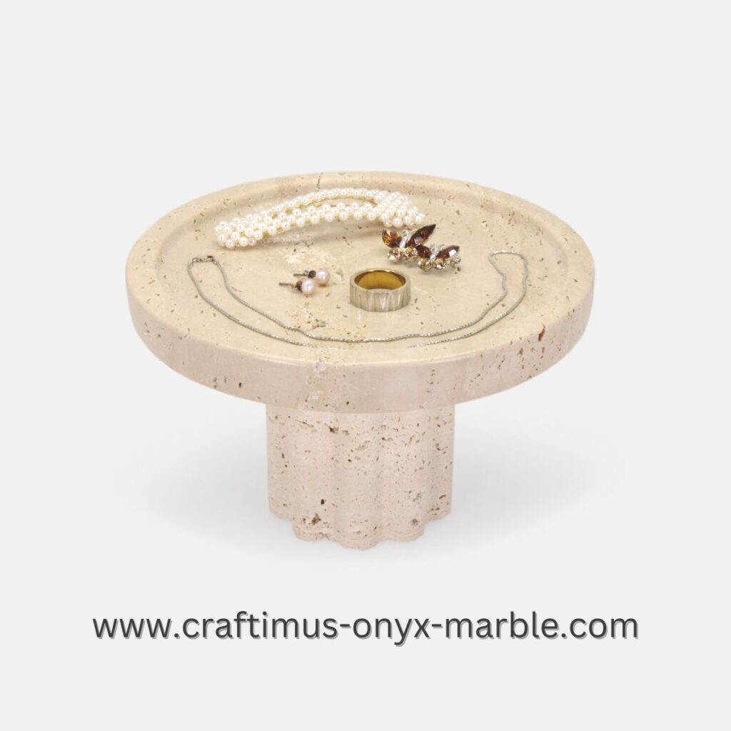 Elegant handcrafted travertine standing tray with a unique cloud-shaped base, featuring a smooth, polished surface and natural stone textures in warm beige and cream tones. This sophisticated tray, elevated on its cloud-inspired base, is perfect for serving, organizing, or adding a decorative touch to any space, combining timeless beauty with modern design.