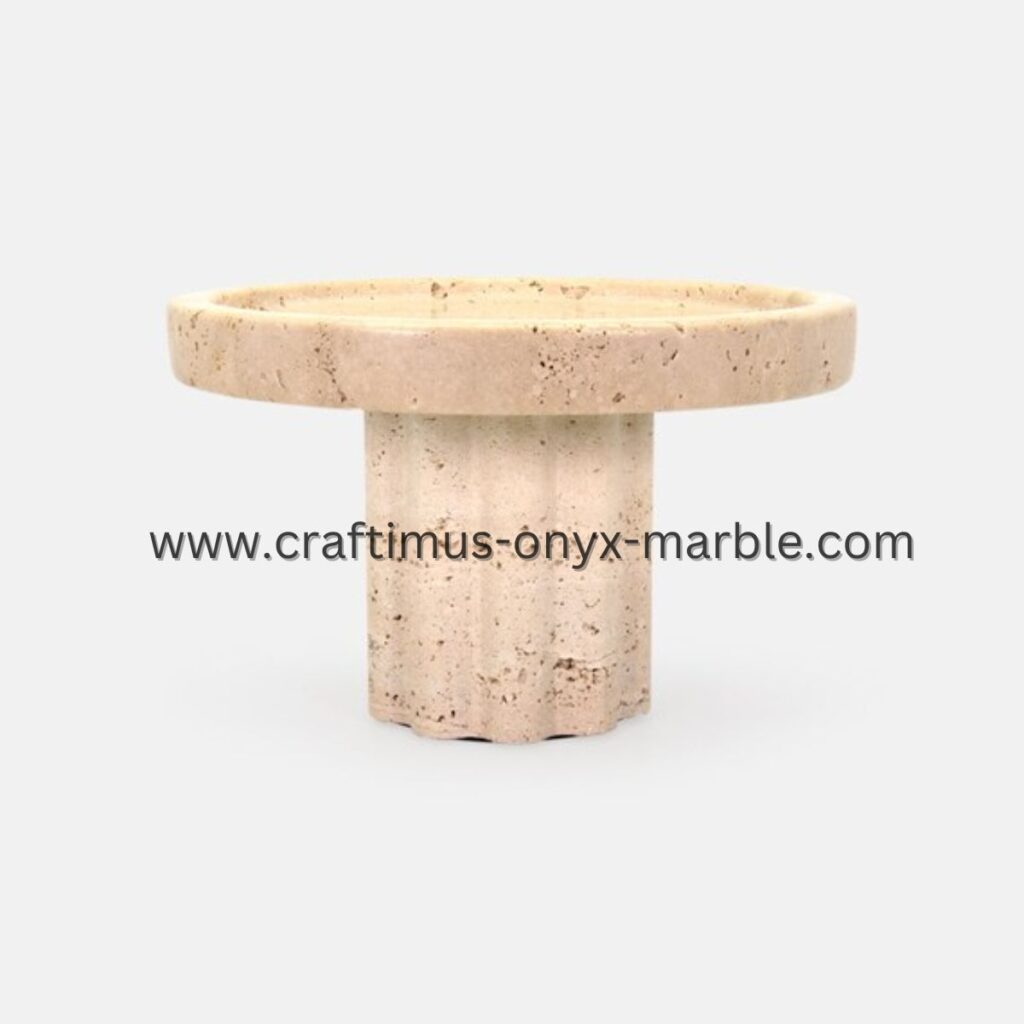 Elegant handcrafted travertine standing tray with a unique cloud-shaped base, featuring a smooth, polished surface and natural stone textures in warm beige and cream tones. This sophisticated tray, elevated on its cloud-inspired base, is perfect for serving, organizing, or adding a decorative touch to any space, combining timeless beauty with modern design.