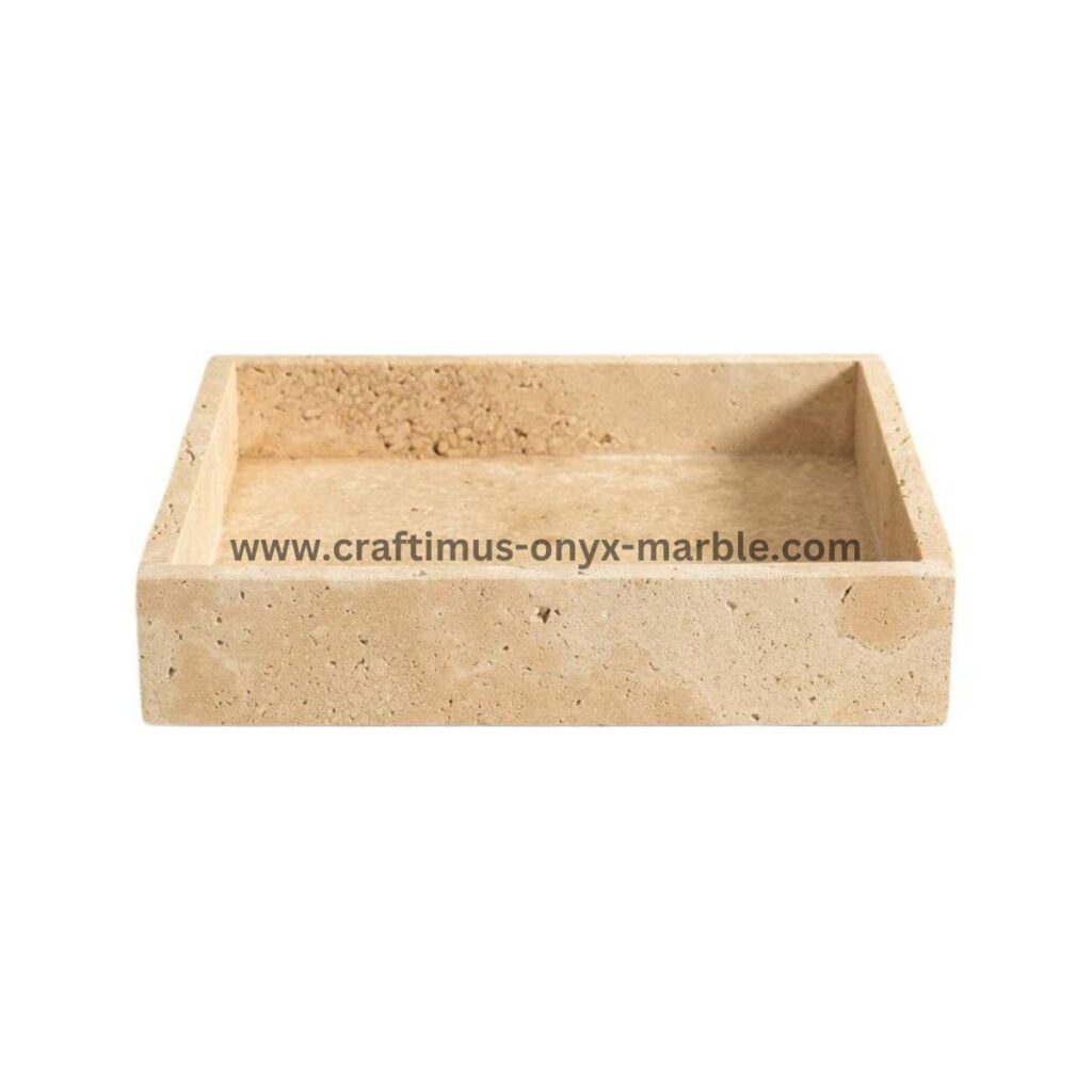 Handcrafted travertine stone tray made in Pakistan for home decor and interior design.