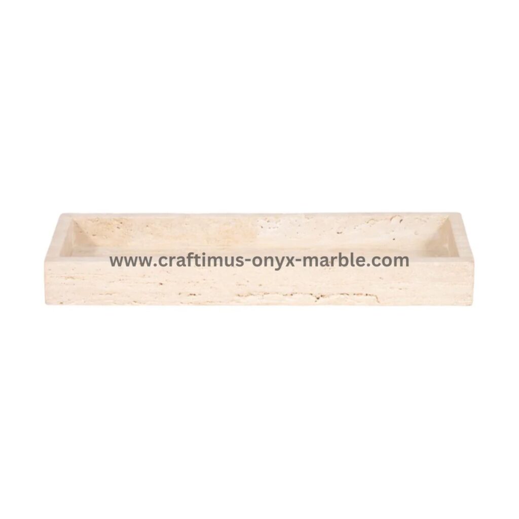 Handcrafted travertine stone tray made in Pakistan for home decor and interior design.