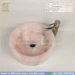 Light Pink Onyx Round Vessel Sink – Luxury Handcrafted Polished Stone Bathroom Bowl by Craftimus | Natural Pink Quartz Onyx Sink for Modern Bathrooms & Interior Design