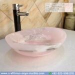 Light Pink Onyx Round Vessel Sink – Luxury Handcrafted Polished Stone Bathroom Bowl by Craftimus | Natural Pink Quartz Onyx Sink for Modern Bathrooms & Interior Design