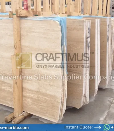 Stacked beige travertine stone slabs