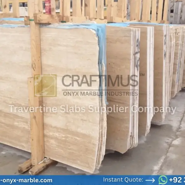 Stacked beige travertine stone slabs