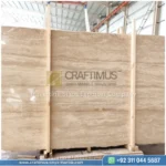 Dark beige Travertine Slabs on display in factory