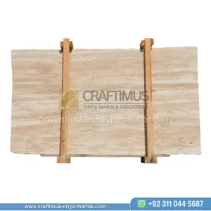 Dark beige Travertine Slabs on display in factory