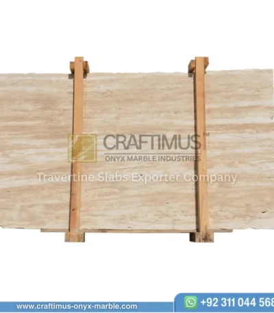 Dark beige Travertine Slabs on display in factory