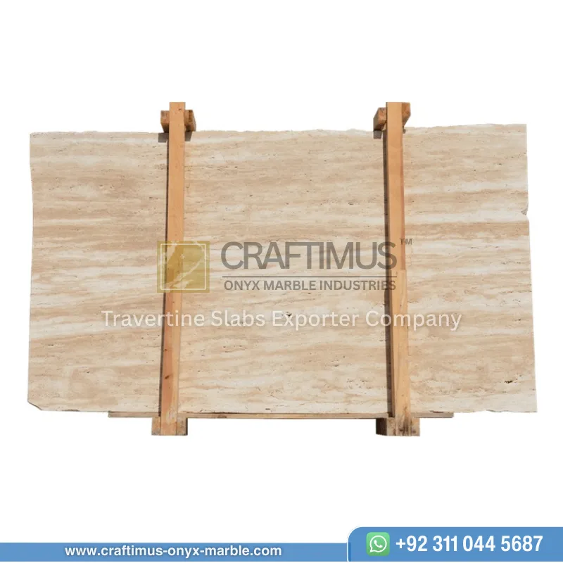 Dark beige Travertine Slabs on display in factory