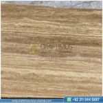 Dark beige Travertine Slabs on display in factory