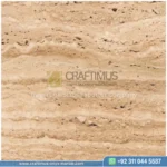 Dark beige Travertine Slabs on display in factory