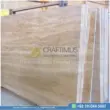 Dark beige Travertine Slabs on display in factory