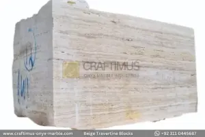 Classic Beige Travertine Blocks at a factory in Pakistan in background