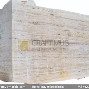 Classic Beige Travertine Blocks at a factory in Pakistan in background