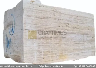 Classic Beige Travertine Blocks at a factory in Pakistan in background