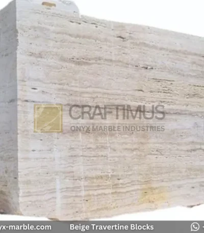 Classic Beige Travertine Blocks at a factory in Pakistan in background