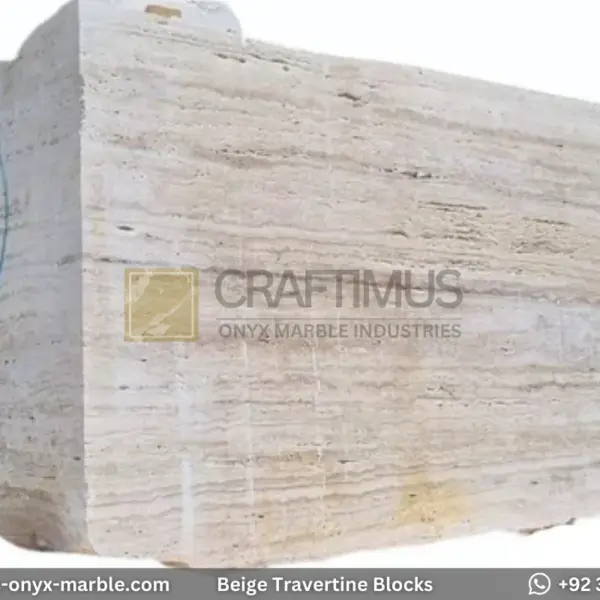 Classic Beige Travertine Blocks at a factory in Pakistan in background