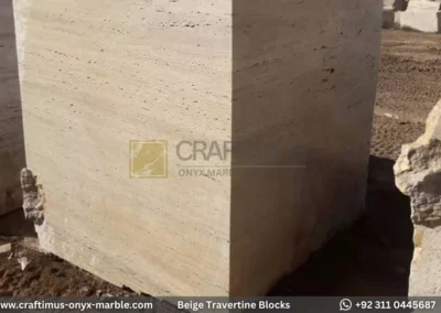 Classic Beige Travertine Blocks at a factory in Pakistan in background