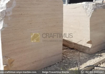 Classic Beige Travertine Blocks at a factory in Pakistan in background