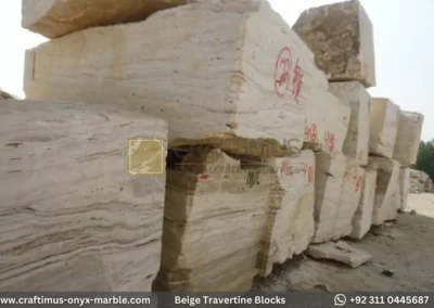 Classic Beige Travertine Blocks at a factory in Pakistan in background