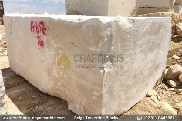Classic Beige Travertine Blocks at a factory in Pakistan in background
