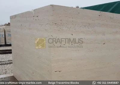 Classic Beige Travertine Blocks at a factory in Pakistan in background