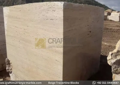 Classic Beige Travertine Blocks at a factory in Pakistan in background