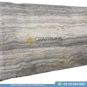 Silver Travertine Slabs Stacked in Factory