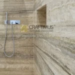 Silver Travertine Tiles on wall together for product display at stone fair