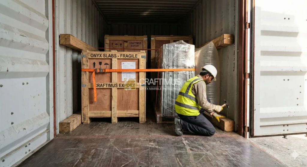 Onyx Marble Travertine Container Loading in Pakistan with safety standards