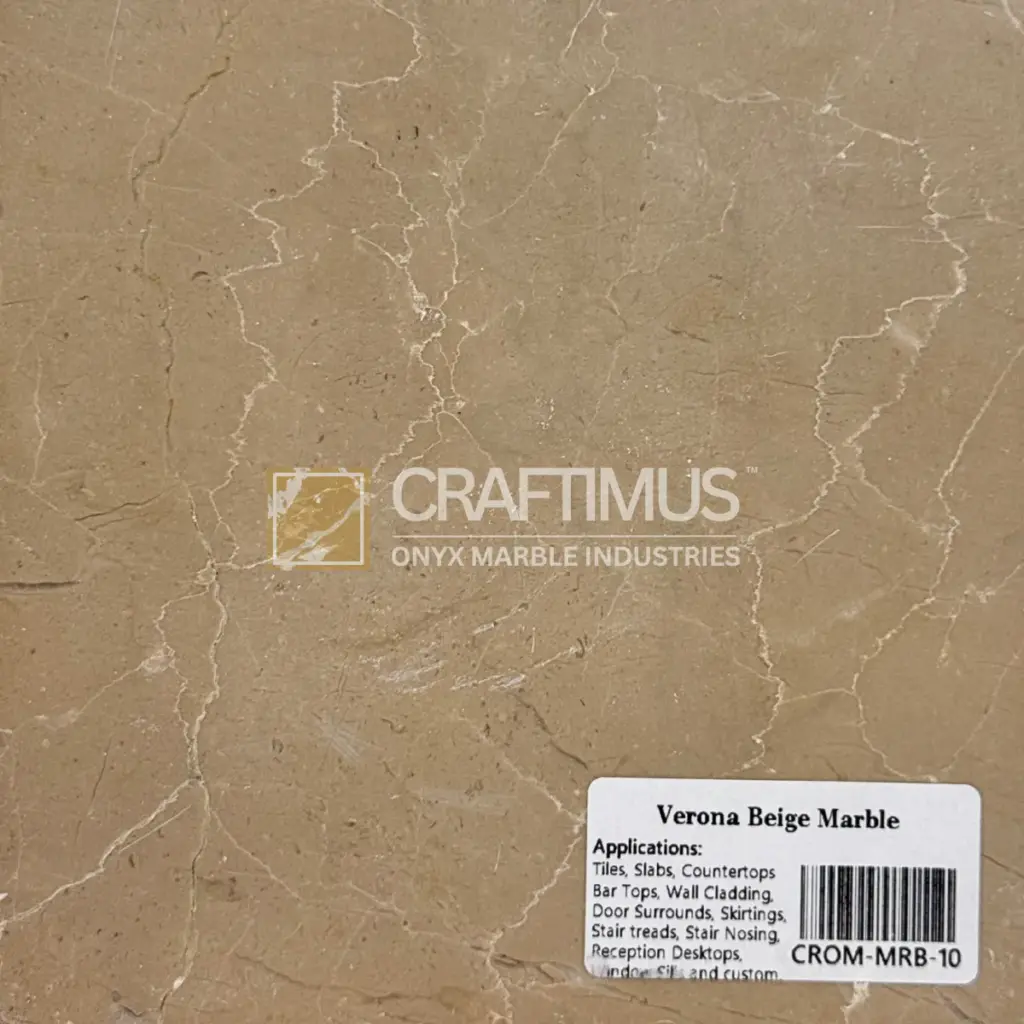 Verona Beige Marble slab, natural stone, light beige color, ideal for countertops and wall cladding.