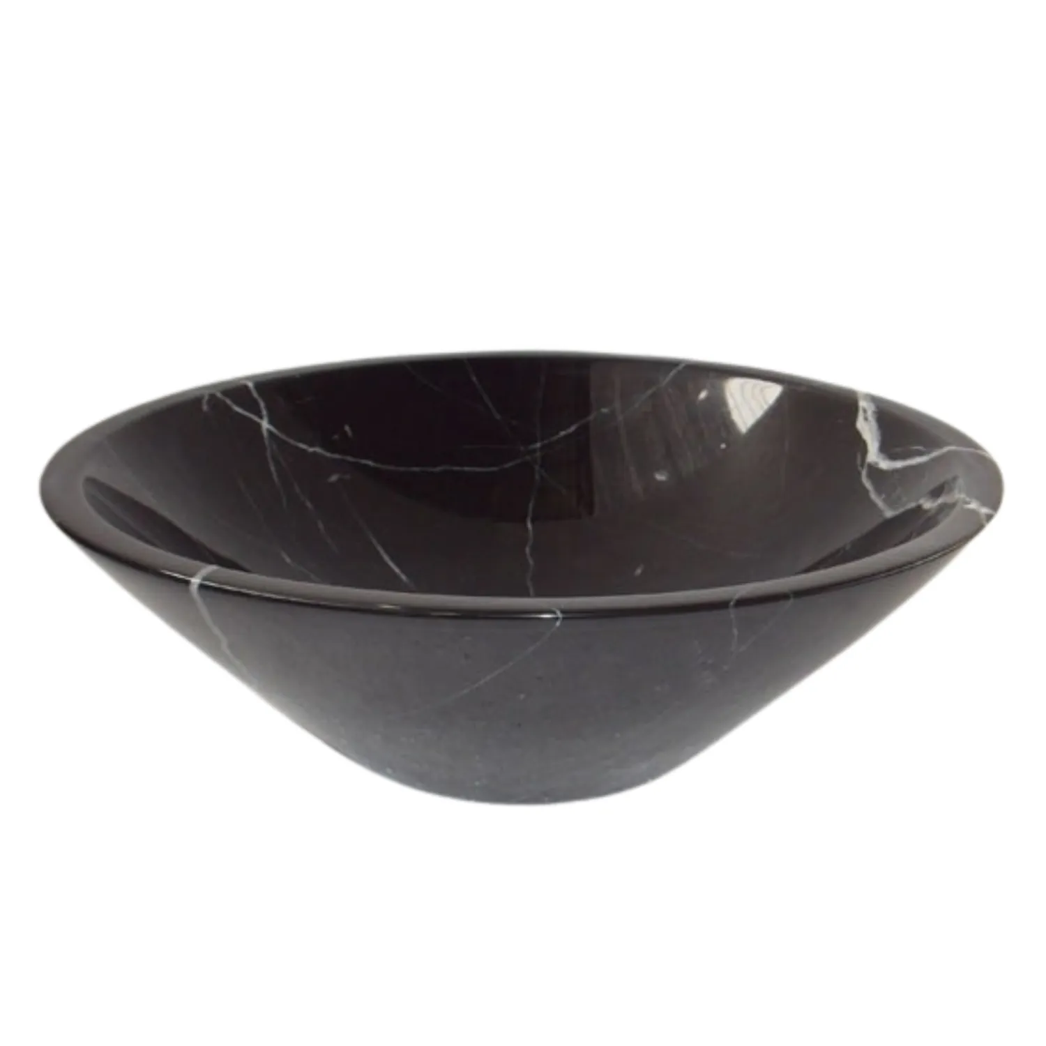 Nero Marquina Marble Round Vanity Tops — Factory-Direct Black Marble Basins with White Calcite Veining from Pakistan Nero Maquina marble round vanity top serving bowl with elegant white veining for stylish dining or décor.