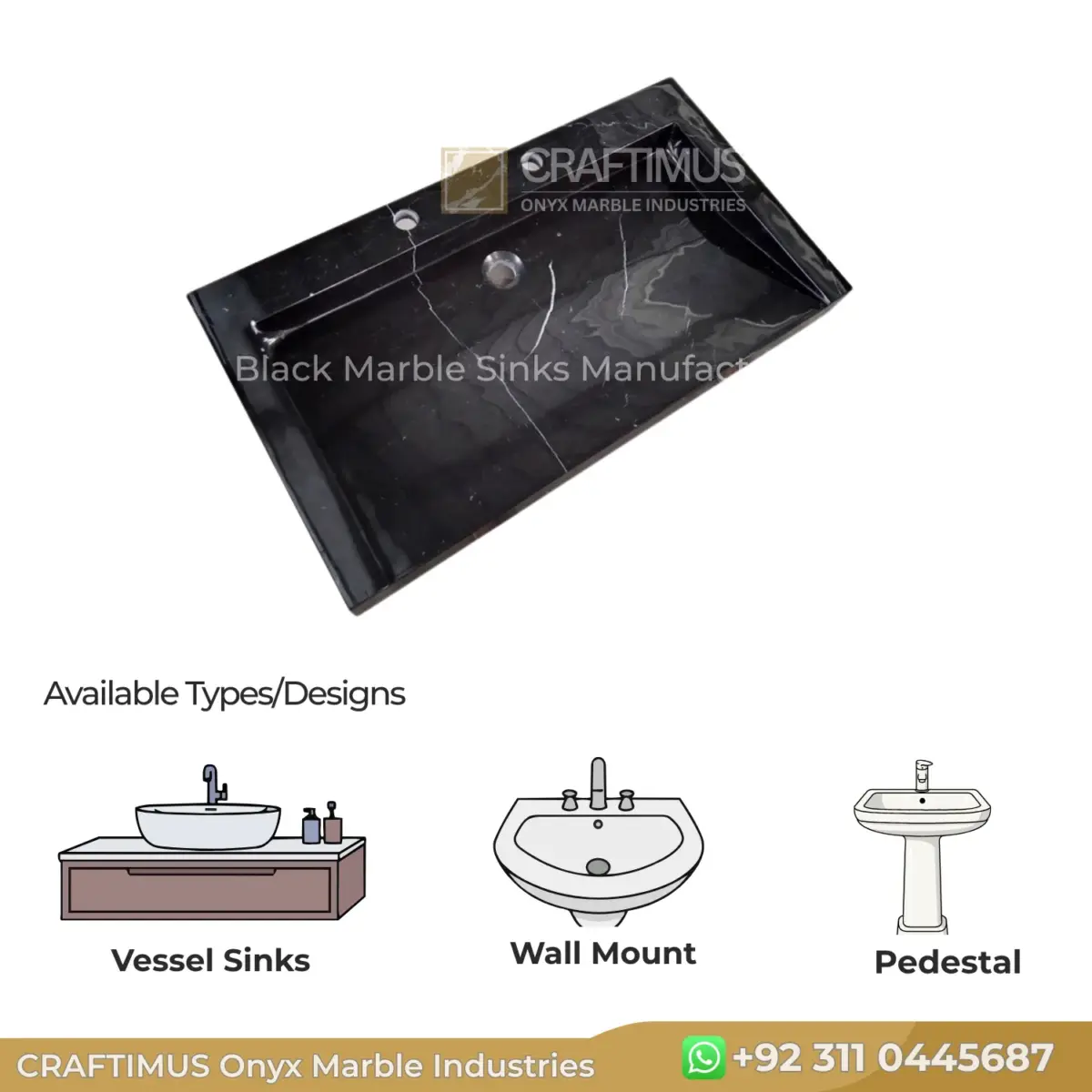 Black marble sink with sleek design, ideal for vessel or wall mount installations. Durable and elegant bathroom upgrade.