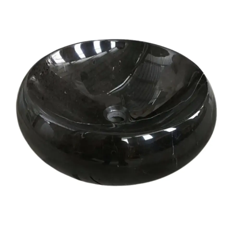 Black marble sink bowl with a glossy finish, perfect for modern bathrooms.
