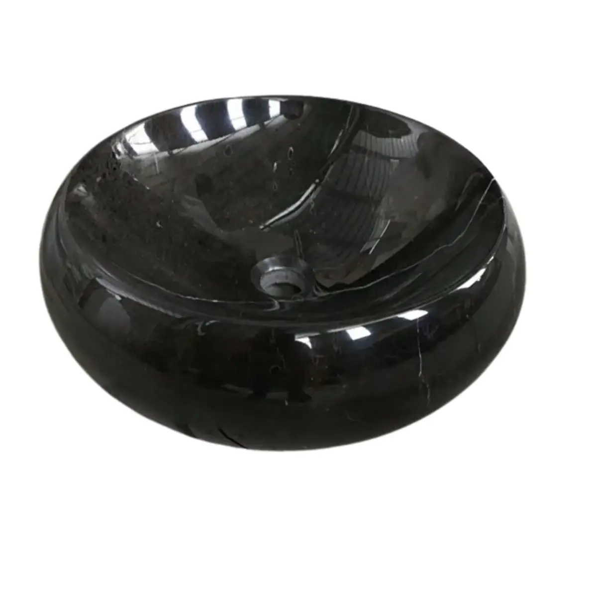 Black marble sink bowl with a glossy finish, perfect for modern bathrooms.