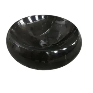 Black marble sink bowl with a glossy finish, perfect for modern bathrooms.