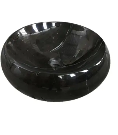Black marble sink bowl with a glossy finish, perfect for modern bathrooms.