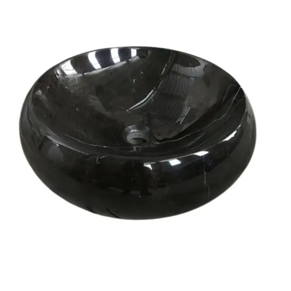 Black marble sink bowl with a glossy finish, perfect for modern bathrooms.