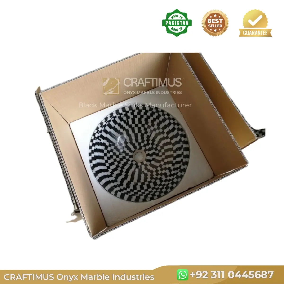 Black and white marble sink in packaging, elegant design from natural stone, ideal for modern decor.
