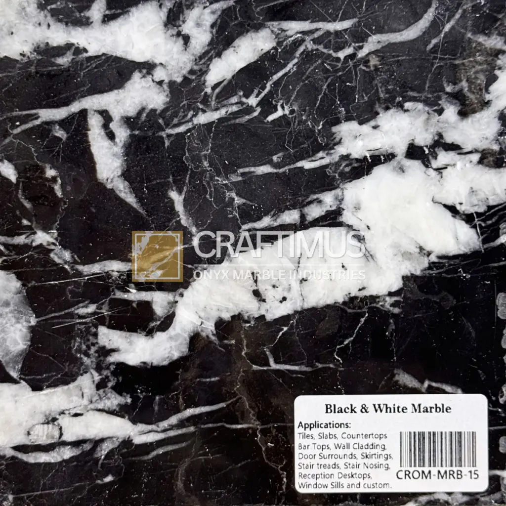 Black and white marble slab suitable for tiles, countertops, and bar tops. Elegant natural stone design.
