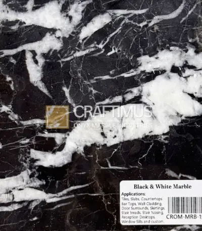 Black and white marble slab suitable for tiles, countertops, and bar tops. Elegant natural stone design.
