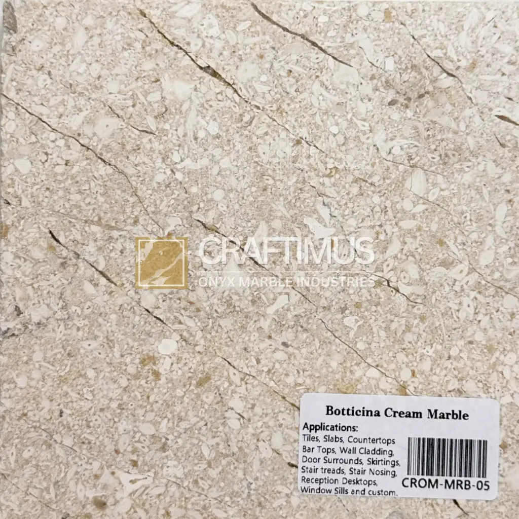 Botticina Cream Marble slab, beige with light veining, ideal for tiles, countertops, and wall cladding.