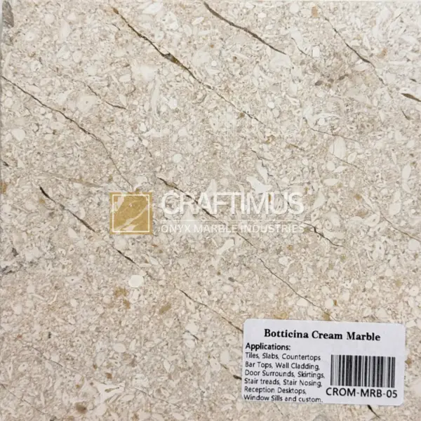 Botticina Cream Marble slab, beige with light veining, ideal for tiles, countertops, and wall cladding.