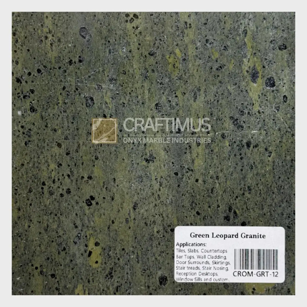 Green Leopard Granite slab, speckled green and black, ideal for countertops and tiles.