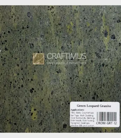 Green Leopard Granite slab, speckled green and black, ideal for countertops and tiles.