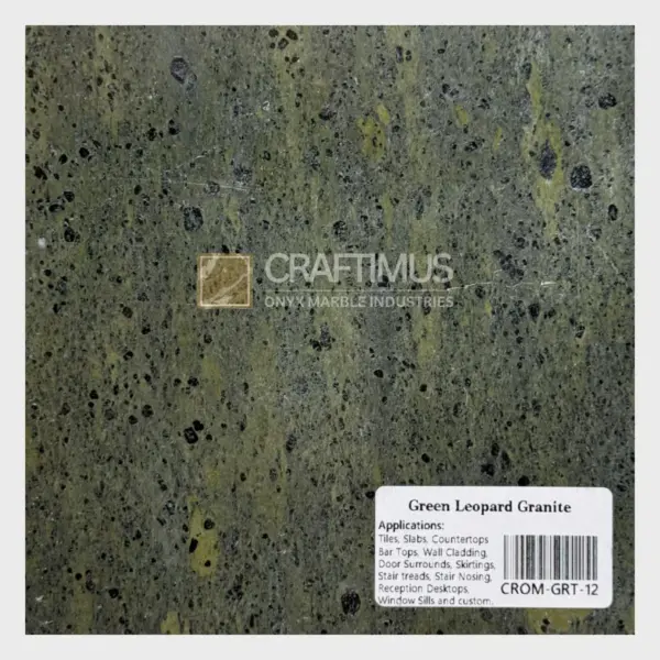 Green Leopard Granite slab, speckled green and black, ideal for countertops and tiles.