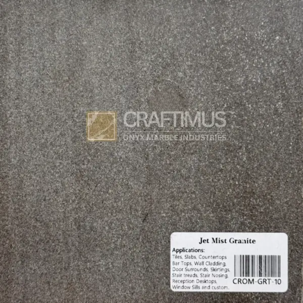 Jet Mist Granite slab, dark gray, ideal for countertops and wall cladding applications.